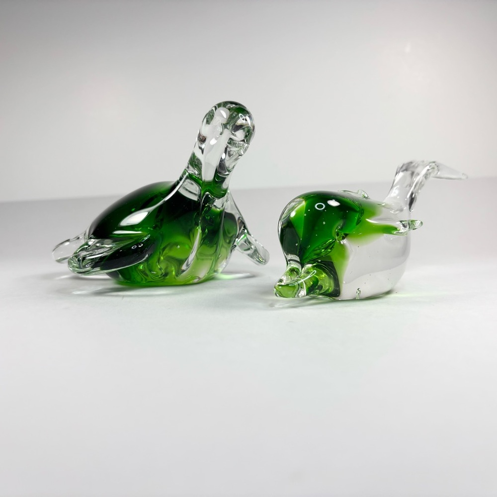Green Glass‎ Animal Figurines turtle dolphin, vintage paperweight set of 2
